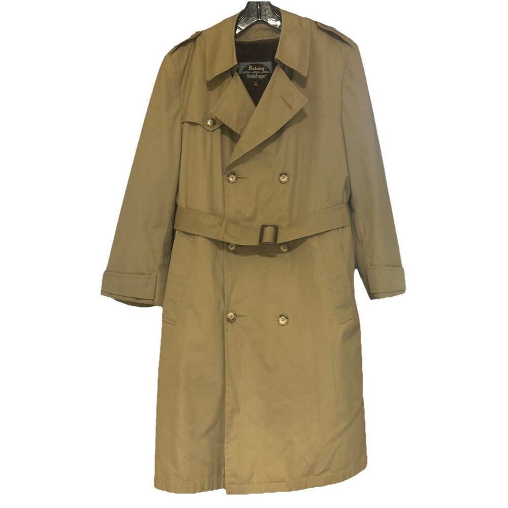 Vintage Botany Weather Topper Trench Coat Mens 38R Khaki Tan Belted USA Fur Line